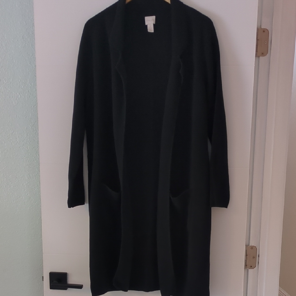 Chico's Elegant Black Long Line Open Front Cardigan Front Pockets Sz L